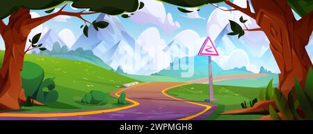 Winding asphalt road with sign leading to high rocky mountains. Cartoon vector summer landscape with curly highway surrounded by green trees and grass Stock Vector