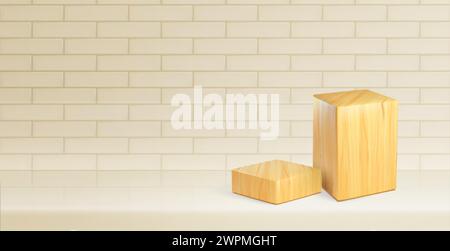 Cube wooden podium for product showcase in room with brick wall. Realistic vector of pastel beige scene with rectangular high and low platforms with t Stock Vector