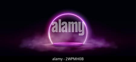 Pink neon glowing circular arch frame with cylinder product podium and smoke over water surface with reflections. Realistic vector illustration of rou Stock Vector
