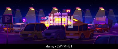 Night car parking on cityscape background. Vector cartoon illustration of modern autos parked near shopping mall building, traffic signs with arrows, Stock Vector