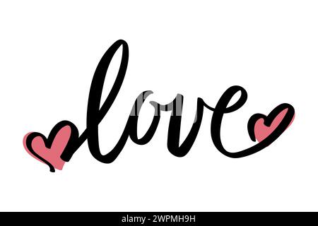 Love. Hand drawn calligraphy. Brush lettering. Decorated with hearts. Vector illustration Stock Vector