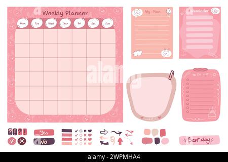 Cute Weekly planner with bunny pattern, to do list and reminder notes. Stickers and bookmarks. Vector illustration Stock Vector