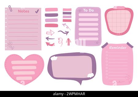 Set of cute colorful paper notes. Notes for to-do-list, memo notepads, paper planner. Stickers and bookmarks for marking and decoration. Vector illust Stock Vector