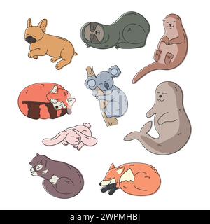 Set of cute hand drawn different sleeping animals. Cartoon sleepy cat, otter, seal, koala, French bulldog, rabbit, fox, red panda and sloth animal. Ve Stock Vector