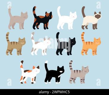 Collection of hand drawn cats with different colors. Cats with different color patterns of fur. Vector illustration Stock Vector