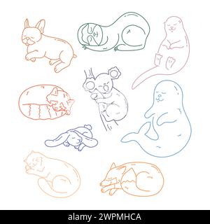 Set of cute hand drawn different sleeping animals outlines. Doodle sleepy cat, otter, seal, koala, French bulldog, rabbit, fox, red panda and sloth an Stock Vector