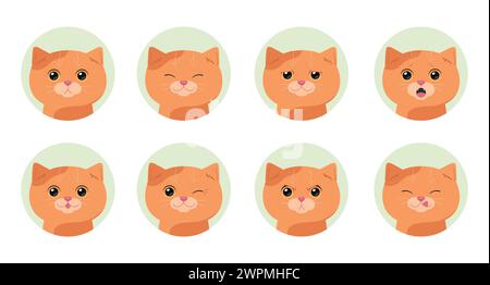 Set of cartoon ginger tabby cats with different emotions. Emotional cat. Vector illustration Stock Vector