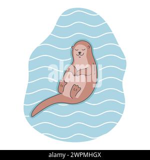 Hand drawn cute otter sleeping on water. Cartoon sleepy otter character. Vector illustration Stock Vector