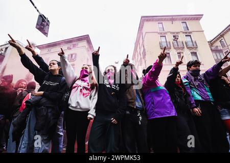 Milan, Italy. 08th Mar, 2024. Milan, The demonstration on the occasion of March 8th International Women's Rights Day. In the photo: A moment of the event Credit: Independent Photo Agency/Alamy Live News Stock Photo