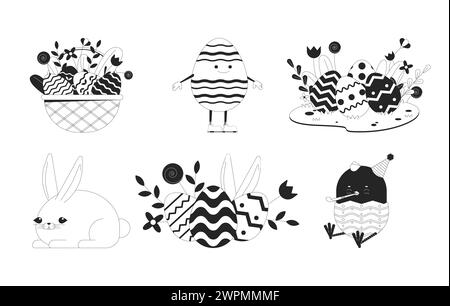 Bunny paschal eggs black and white cartoon flat illustrations set Stock Vector