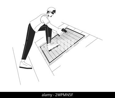 Solar panels installation on roof black and white cartoon flat illustration Stock Vector