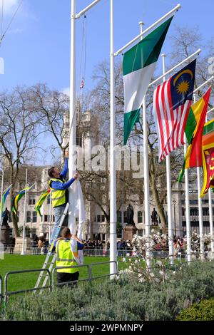 London, UK, 8th March, 2024. Commonwealth member nations' flags are installed on Parliament Square. Credit: Eleventh Hour Photography/Alamy Live News Stock Photo