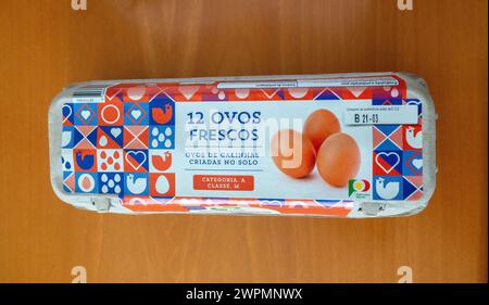 Portuguese Carton Of A Dozen Brown Eggs In Retail Packaging From A Supermarket In Portugal March 8, 2024 Stock Photo