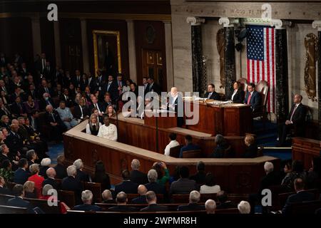 Washington, USA. 7th Mar, 2024. U.S. President Joe Biden delivers his State of the Union address at the House Chamber in Washington, DC, the United States, March 7, 2024. Credit: Liu Jie/Xinhua/Alamy Live News Stock Photo