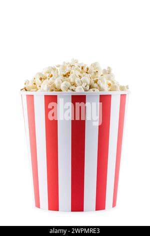 Popcorn in red and white striped container, isolated on white background. Stock Photo