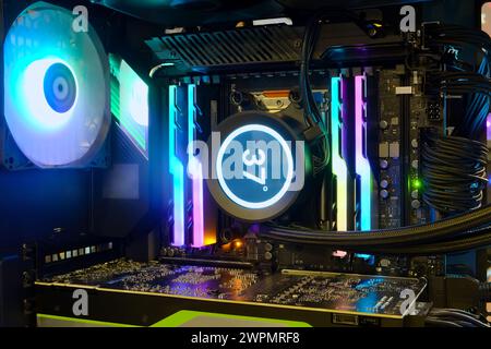 Close-up and inside high performance Desktop and cooling system on CPU socket with multicolored LED RGB light show status on working Stock Photo