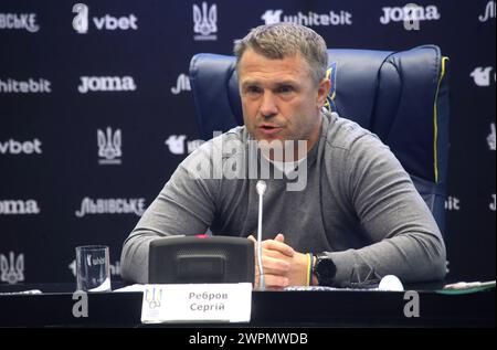 Non Exclusive: KYIV, UKRAINE - MARCH 8, 2024 - Head coach of the Ukrainian national football team Serhiy Rebrov attends a news conference to announce Stock Photo