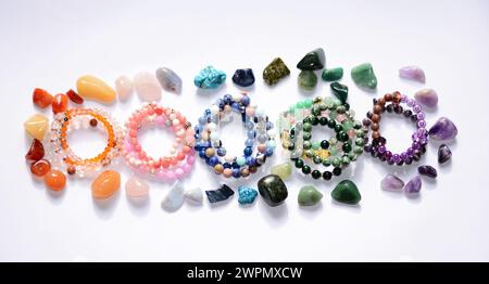 Mineral stone beads bracelet collection with poliched minerals Stock Photo
