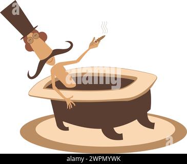 Comic long mustache man in the top hat lies in the bathtub and smokes a cigar Stock Vector