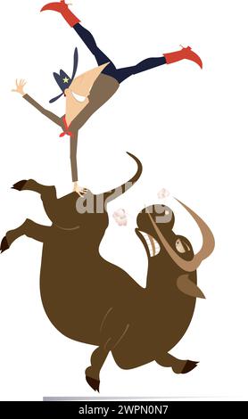 Farmer or cowboy and angry bull. Rodeo.  Cartoon farmer or cowboy falls down from the bull. Isolated on white background Stock Vector