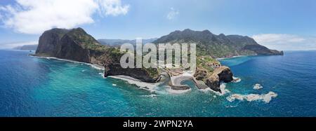 Drone shot panorama, Miradouro do Guindaste, Praia da Faial, Madeira, Portugal, Europe Stock Photo