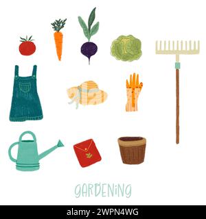 Colorful gardening tools elements illustration hand painted with gouches isolated on white background Stock Photo
