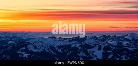 Bright sunset over a snow-covered winter landscape. Lake Constance region from the Allgäu Alps to the southern Black Forest. Germany, Austria, Switzerland, Europe Stock Photo