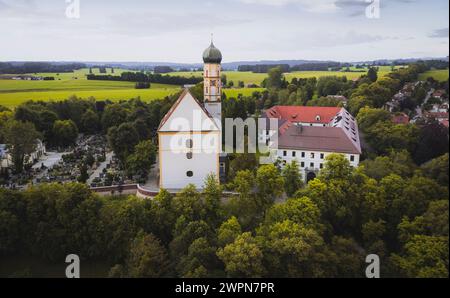 St. Martin's parish church and castle (Bavarian Music Academy) in Marktoberdorf in an aerial view, Ostallgäu, Allgäu, Bavaria, Southern Germany, Germany Stock Photo
