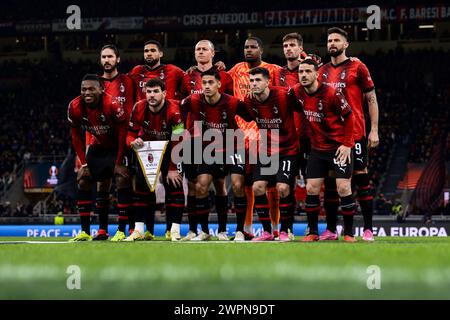 Milan, Italy. 7 March 2024. Plauyers of AC Milan pose for a team photo prior to the UEFA Europa League round of 16 first leg football match between AC Milan and SK Slavia Praha. Credit: Nicolò Campo/Alamy Live News Stock Photo