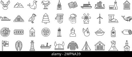 Iceland icons set outline vector. North island polar. Tourist adventure country Stock Vector