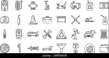 Roadside assistance icons set outline vector. Car accident insurance. Damage vehicle Stock Vector