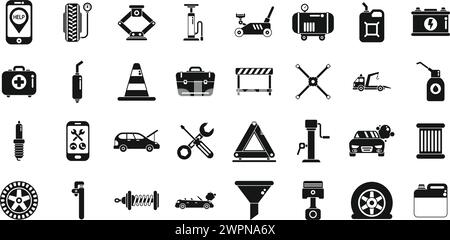 Roadside assistance icons set simple vector. Car accident insurance. Damage vehicle Stock Vector