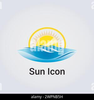 Icon Nature, Sun Sunset and Ocean Landscape, Water Sun and Wind Energy Sustainable Logo for Green Environment Ecology Business Stock Vector