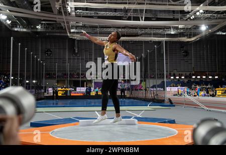 Yemisi Ogunleye of Germany competing in the women’s shot put at the World Athletics Indoor Championships, Emirates Arena, Glasgow, Scotland UK. 1st/3r Stock Photo