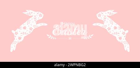 Easter greeting card. Two jumping Easter bunnies with floral pattern on a pink background. Vector illustration Stock Vector