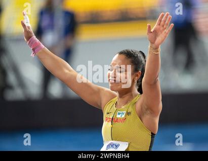 Yemisi Ogunleye of Germany competing in the women’s shot put at the World Athletics Indoor Championships, Emirates Arena, Glasgow, Scotland UK. 1st/3r Stock Photo