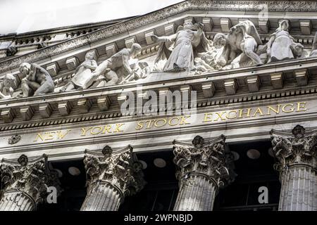 New York Stock Exchange, low angle exterior view detail, Financial District, New York City, New York, USA Stock Photo