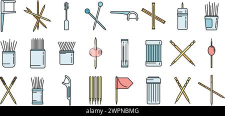 Toothpick icons set outline vector. Clean accessory. Dental toothpick color line isolated Stock Vector