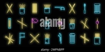 Toothpick icons set outline vector. Clean accessory. Dental toothpick neon isolated Stock Vector