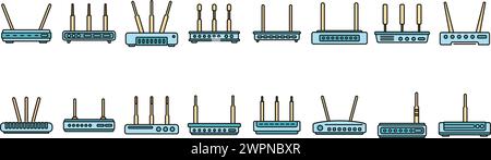 Modem icons set outline vector. Internet router. Lan port access color line isolated Stock Vector