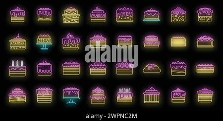 Cake icons set outline vector. Cream dessert. Bakery party neon isolated Stock Vector