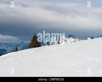 Snowshoe hike on the Hauser Kaibling in the Schladminger Tauern. Stock Photo