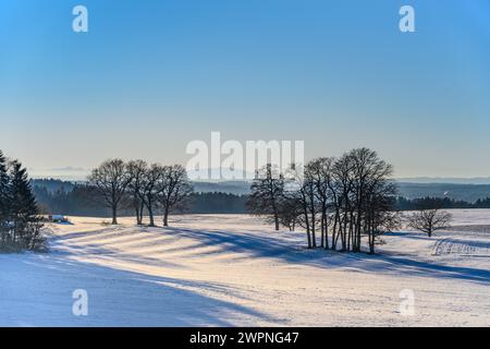 Germany, Bavaria, Tölzer Land, Münsing, winter landscape near Attenkam, view to the west with Hohen Peißenberg Stock Photo