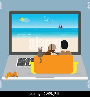 Couple and a cat sitting on a sofa on a laptop and looking at the screen with a seascape image Stock Vector