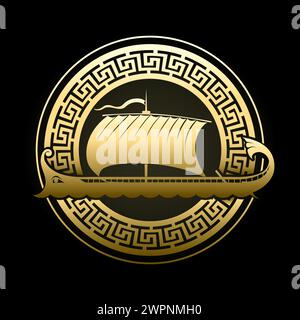 Golden Ancient Greek Galley in Meandre Circle Isolated on Black Background vector illustration. No AI was used. Stock Vector