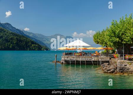 Cafe in Brunnen on the promenade on Lake Lucerne, Schwyz, Switzerland Stock Photo