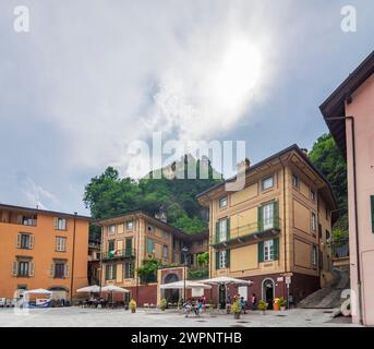 Breno, main square Pietro Ronchi, villa Ronchi, Breno Castle in Brescia, Lombardia / Lombardy, Italy Stock Photo