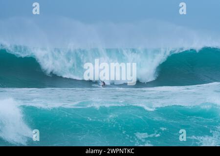 'Giant Cow' surf competition. Storm surge with big waves. Santander Municipality. Cantabrian Sea. Cantabria. Spain. Europe Stock Photo