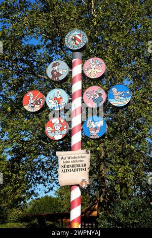 Germany, Bavaria, Middle Franconia, Nuremberg, Nuremberg Old Town Festival on Schütt Island, entrance, guild tree, coat of arms, pictograms Stock Photo