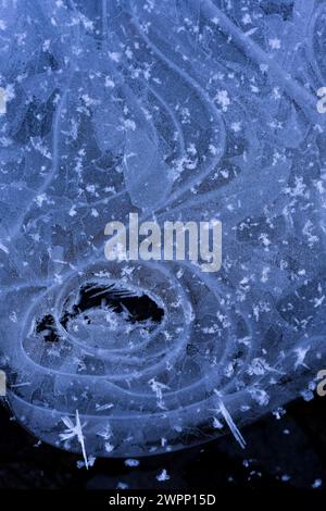 filigree patterns and structures in the ice, curved lines and ice crystals, close-up, top view, Germany Stock Photo